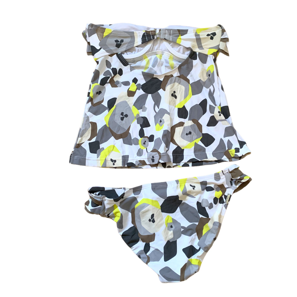 Perry Ellis Tankini Swimsuit Flounce Ruffle Mod Geometric Floral S Small - Picture 2 of 10